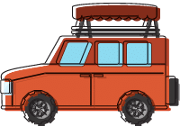 Illustration of a red, boxy SUV with large wheels, perfect for an overland tour. It features a roof rack and a red canopy on top. The vehicle appears simplistic from the side view, showcasing blue-tinted windows.