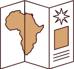 Illustration of a three-panel brochure. The left panel features a brown outline of Africa, symbolizing an overland tour route. The right panel sports a star at the top, while lines at the bottom hint at tour details and destinations.