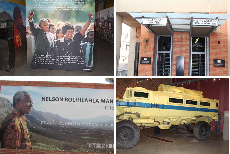 A collage of four images: Nelson Mandela with a crowd, apartheid-era segregated entrances marked Whites and Non-Whites, a Madiba tribute mural with Mandela's image at the Apartheid Museum, and a yellow armored vehicle reminiscent of Constitutional Hill.