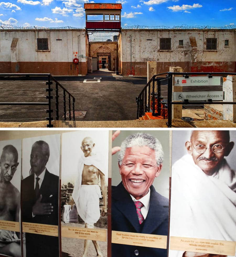 The image showcases the exterior of a historical prison at Constitutional Hill, featuring a sign for exhibitions and wheelchair access. Inside, a collage of portraits highlights prominent figures in history, reminiscent of the Apartheid Museum's dedication to storytelling.