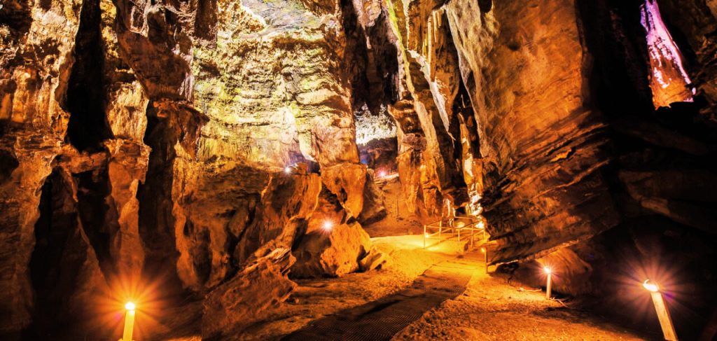 A dimly lit underground cave with rugged rock formations and earthy textures serves as a highlight of the Cradle of Humankind Day Tour. Warm lights illuminate the path, accentuating the natural beauty of the cavern walls and ceiling as a walkway guides visitors deeper into this mysterious environment.
