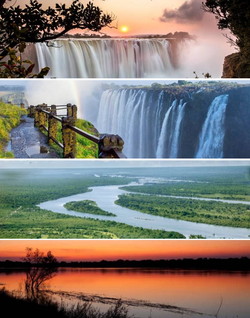 A collage of four images captures the essence of an Africa tour: a sunrise over a misty waterfall, a viewpoint with a fence overlooking the cascading wonder, a winding river through lush green landscapes, and a sunset reflecting on a tranquil river with silhouetted trees against the sky.