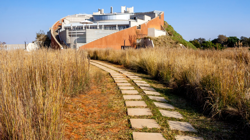 A modern architectural building with terraced design and orange accents is surrounded by tall grasses, reminiscent of vistas seen during a Cradle of Humankind tour. A stone path leads up to the building under a clear blue sky.