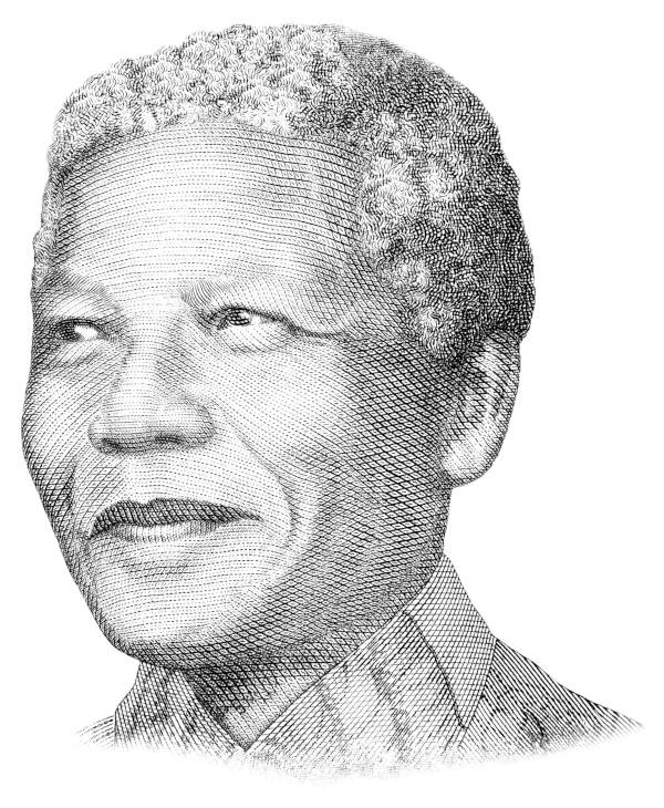 A detailed black and white sketch of an elderly smiling man with short, curly hair, symbolizing the Mandela Legacy. He is wearing a collared shirt, and the drawing emphasizes intricate line work, highlighting his facial features and expression against a plain background.