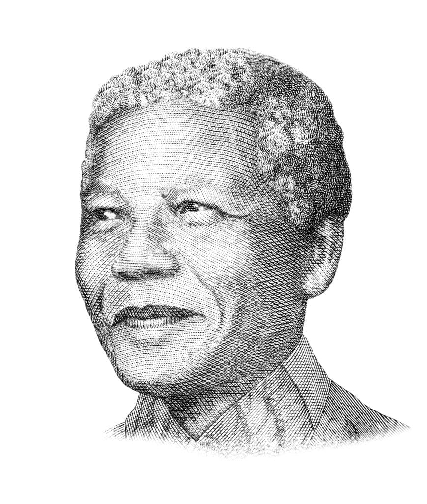 A detailed black and white sketch of an elderly smiling man with short, curly hair, symbolizing the Mandela Legacy. He is wearing a collared shirt, and the drawing emphasizes intricate line work, highlighting his facial features and expression against a plain background.