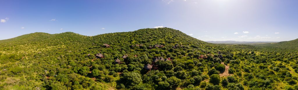 A lush, green landscape with rolling hills under a clear blue sky. Small structures with circular roofs are nestled among the trees. The scene suggests a serene, naturally integrated development within the vast greenery.