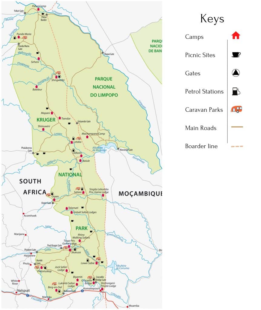 Map of Kruger National Park and Parque Nacional do Limpopo, showing camps, picnic sites, gates, petrol stations, caravan parks, main roads, and border lines. The park spans South Africa and Mozambique with detailed icons for amenities.