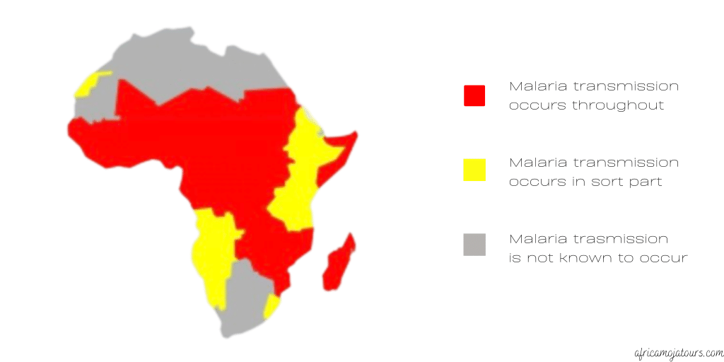 Map of Africa showing malaria transmission: red areas indicate transmission throughout, yellow areas indicate transmission in some parts, and gray areas indicate no known transmission.