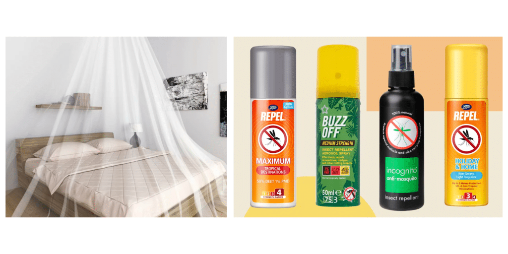 A cozy bedroom with a bed draped in a white mosquito net on the left. On the right, a selection of insect repellent sprays with various labels and designs is displayed against a white background.