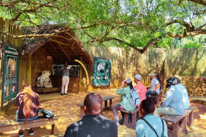 A group of people sits on benches under a tree, listening to a guide at the elephant sanctuary. The scene is outdoors, with informational posters displayed on a rustic wooden shelter. The atmosphere is casual and educational.