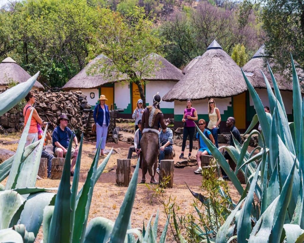 A group of people sits and stands around a person in traditional attire, immersed in a captivating performance or speech. Set against the backdrop of African huts and lush greenery at Lesedi Cultural Village, large succulent plants frame this vibrant scene.