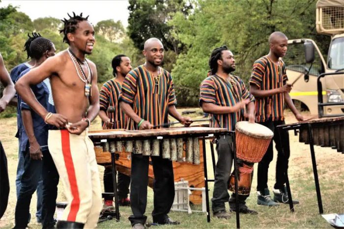 A group of musicians delights visitors at the lion park tour, performing outdoors with several men playing marimbas and one on a drum. They wear colorful striped shirts, adding vibrant charm to the scene, surrounded by lush greenery and a parked vehicle in the background.