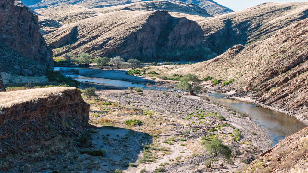 A winding river flows through a rocky canyon with dry, grassy hills on both sides under a clear blue sky. Sparse vegetation lines the riverbanks, creating a striking contrast with the rugged landscape—a scene reminiscent of a Namibia tour from Johannesburg.