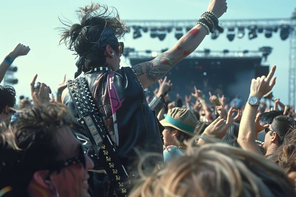 A person in a studded leather jacket raises their arm amidst a crowd at an outdoor music festival. The stage is in the background with lights, and people are cheering and enjoying the event.