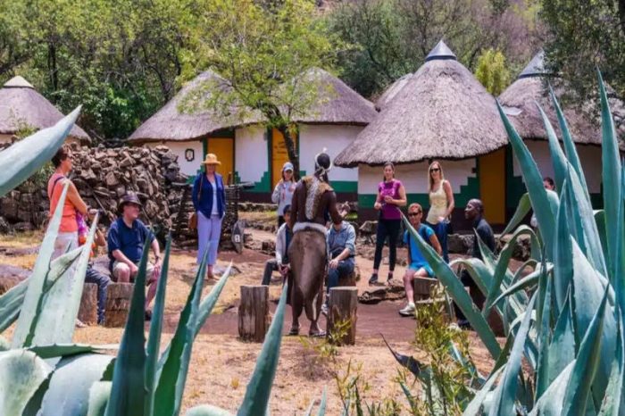 A group of people sits and stands around a person in traditional attire, immersed in a captivating performance or speech. Set against the backdrop of African huts and lush greenery at Lesedi Cultural Village, large succulent plants frame this vibrant scene.